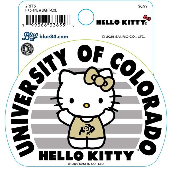 Round sticker with Hello Kitty in CU Buffaloes outfit and gold bow, framed by University of Colorado and Hello Kitty text